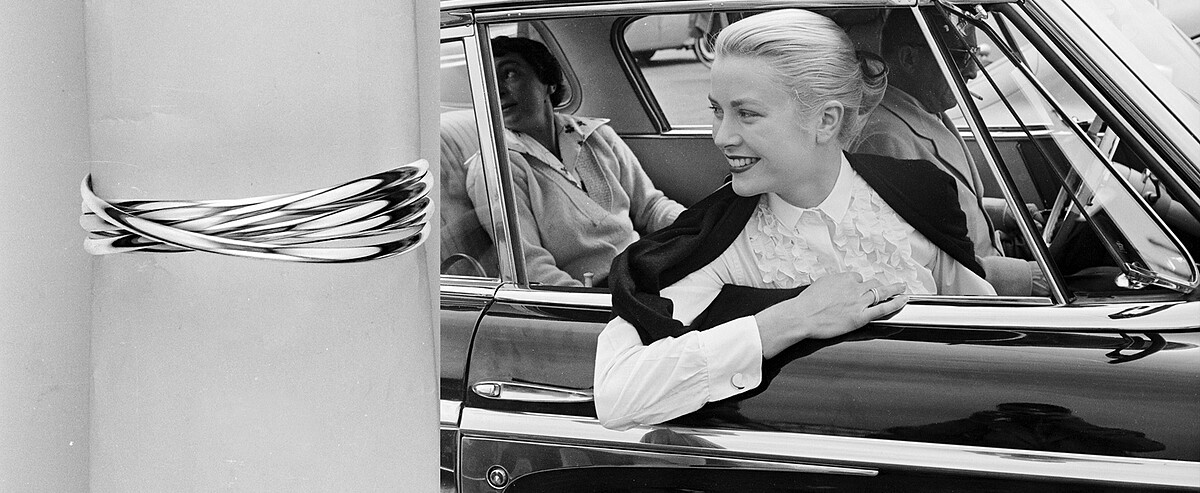 (圖左)1967年Trinity系列推出了7環相疊的手環設計。(圖右)Grace Kelly也曾留下佩戴著Trinity戒指的美麗倩影。