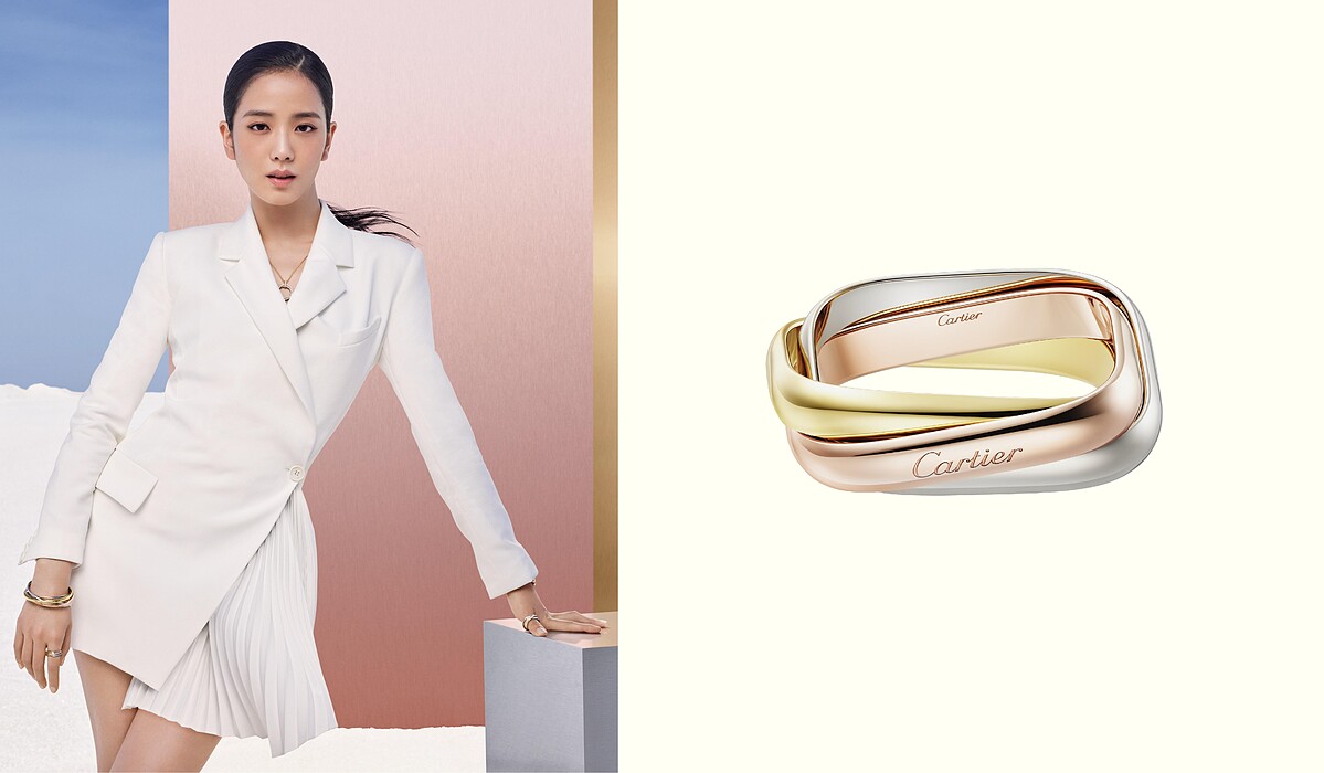 Trinity系列中型款戒指，18K金、18K白金與玫瑰金。