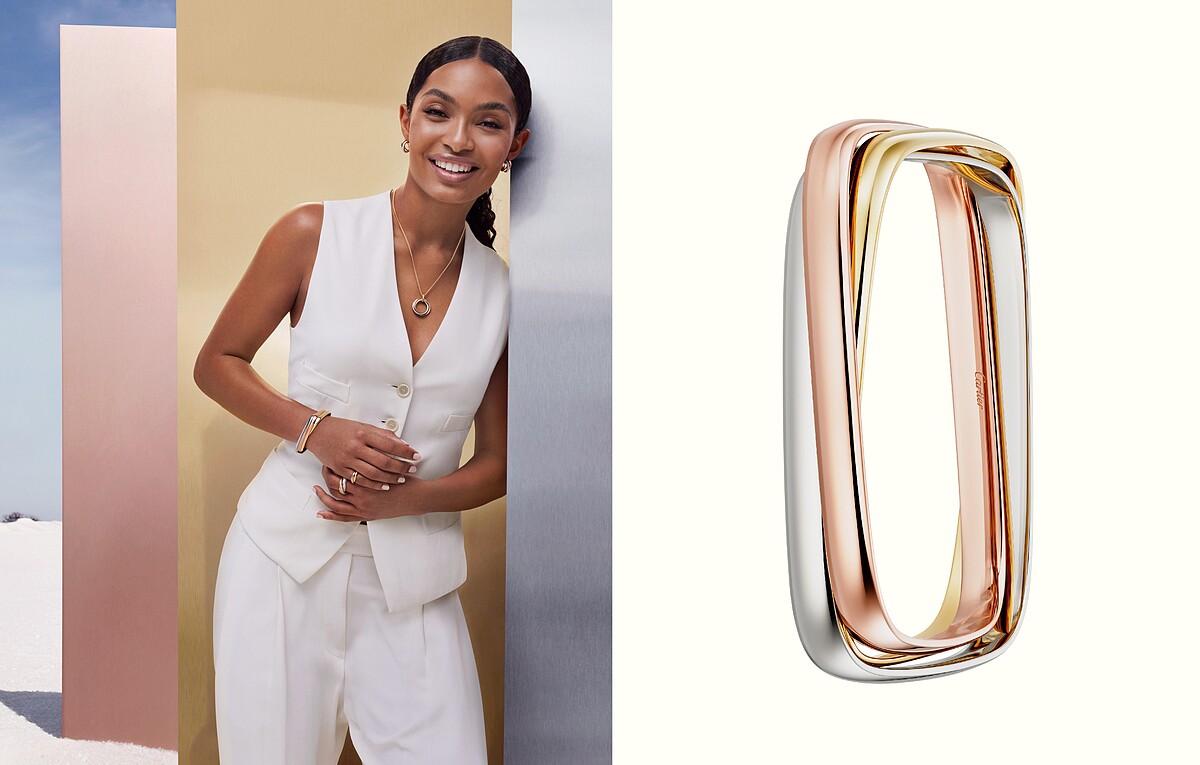 Trinity系列枕形款手鐲，18K金、18K白金與玫瑰金。