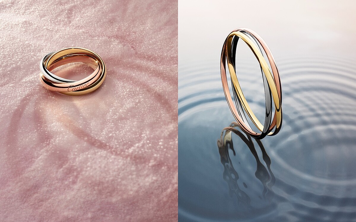 Trinity系列經典款戒指，18K金、18K白金與玫瑰金。Trinity系列手鐲，18K金、18K白金與玫瑰金。