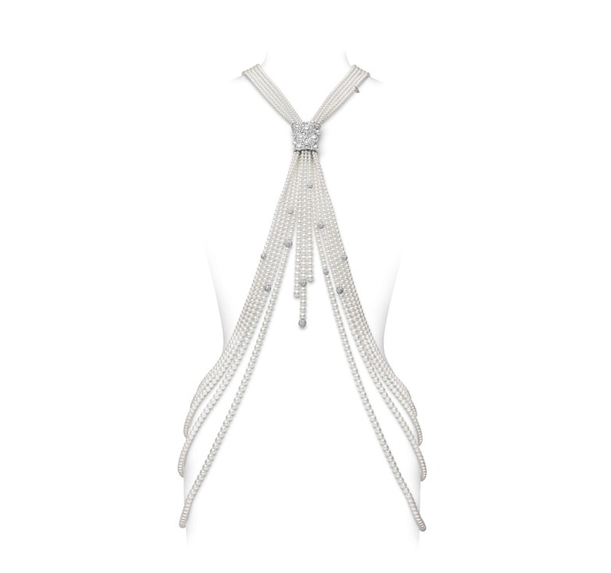 項鍊：18K白金鑲嵌鑽石總重約23.23克拉，搭配日本Akoya珍珠(尺寸約4.00-9.49mm)，參考價格NT$ 8,420,000