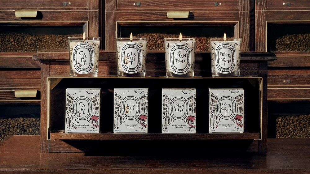 Diptyque限量巴黎咖啡館系列形象圖。