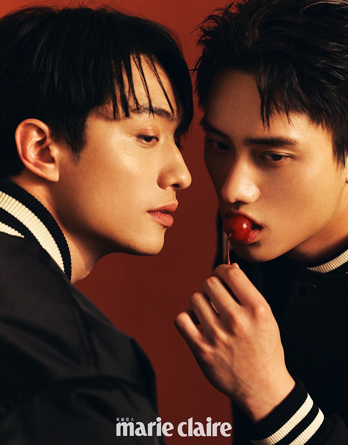 劉俊謙／黑色刺繡尼龍棒球外套，Louis Vuitton。范少勳／羊皮拼接經典 Teddy 外套，Celine Homme。