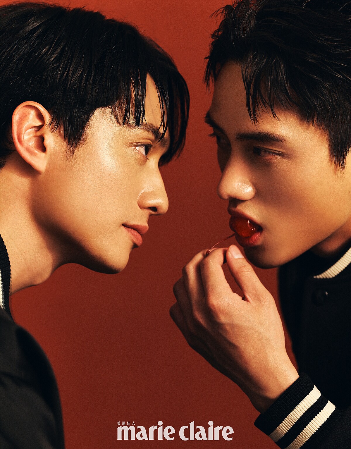 劉俊謙／黑色刺繡尼龍棒球外套，Louis Vuitton。范少勳／羊皮拼接經典 Teddy 外套，Celine Homme。