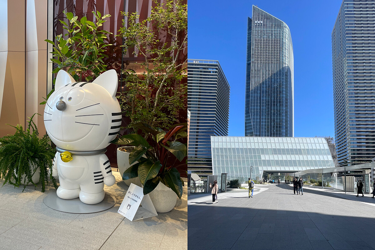 左為因為與虎之門的日文類似發音而隨處可見的限定版白色哆啦 A夢。右為連結大樓的通道走廊。