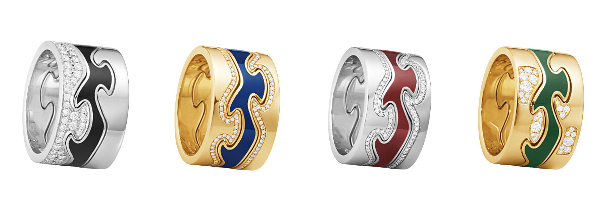 FUSION三件式戒指，18K白金、鑽石及HYCERAM黑陶瓷，建議售價新台幣$219,000起；18K黃金、鑽石及HYCERAM藍陶瓷，建議售價新台幣$205,200起；18K白金、鑽石及HYCERAM紅陶瓷，建議售價新台幣$205,200起；18K黃金、鑽石及HYCERAM綠陶瓷，建議售價新台幣$177,800起