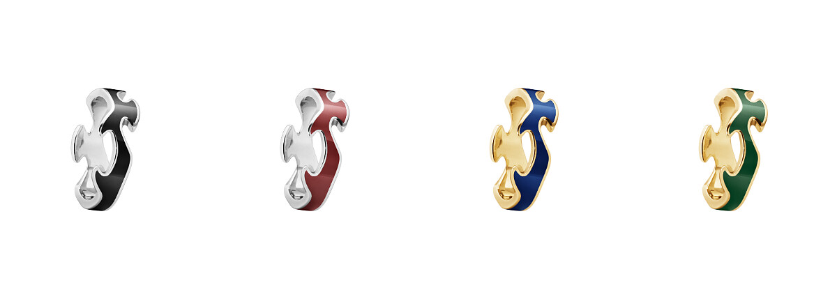 FUSION中圈戒指，18K白金及HYCERAM黑陶瓷；18K白金及HYCERAM紅陶瓷；18K黃金及HYCERAM藍陶瓷；18K黃金及HYCERAM綠陶瓷，建議售價皆為新台幣$41,000 