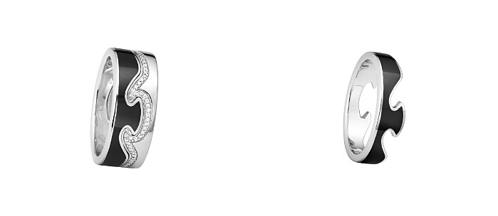 FUSION系列兩件式戒指，18K白金、鑽石及HYCERAM黑陶瓷，建議售價新台幣$123,100起；FUSION系列外圈戒指，18K白金及HYCERAM黑陶瓷，建議售價新台幣$41,000