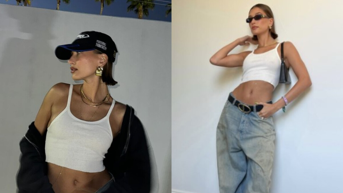 Hailey Bieber去年以一件白色短款背心搭配低腰牛仔寬褲，隨性卻性感十足。