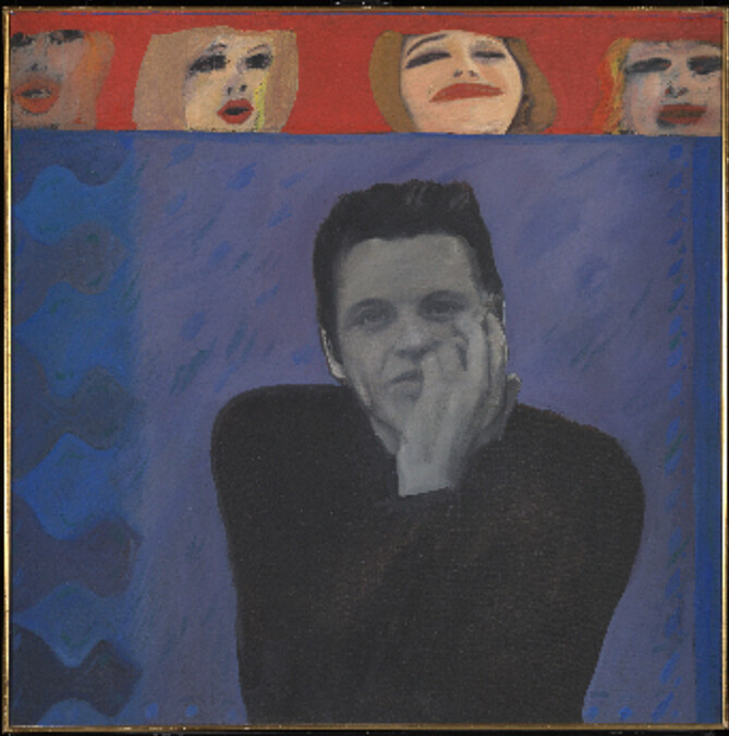 Pauline Boty 寶琳.博蒂 Portrait of Derek Marlowe with Unknown Ladies 德瑞克.馬洛與身分不明的女士們 1962-63 The Estate of Pauline Boty, courtesy of Whitford Fine Art, London