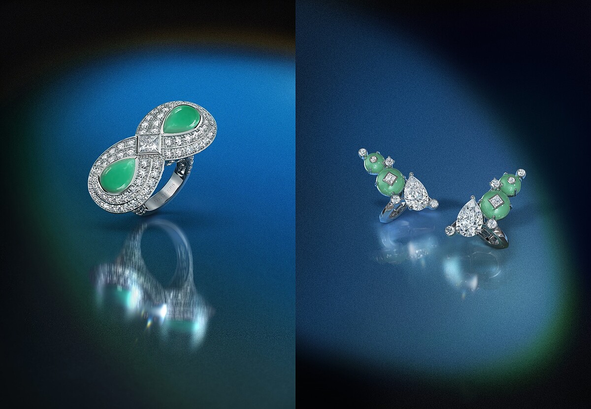 De Beers The Alchemist of Light 高級珠寶系列 Midnight Aura 雞尾酒戒指、攀緣耳環。