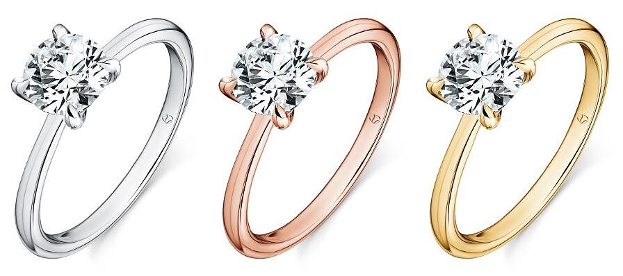 VELA Solitaire 鉑金鑽石戒指 主鑽約0.50ct、VELA Solitaire 玫瑰金鑽石戒指 主鑽約0.50ct、VELA Solitaire 黃K金鑽石戒指 主鑽約0.50ct。