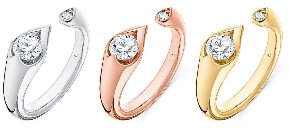 LU Droplet Open 白K金鑽石戒指 主鑽約0.50ct，LU Droplet Open 玫瑰金鑽石戒指 主鑽約0.50ct、LU Droplet Open 黃K金鑽石戒指 主鑽約0.50ct。