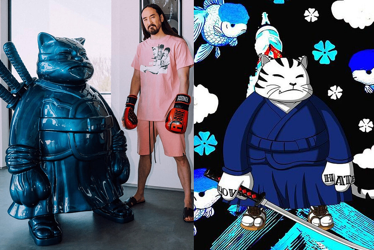  左 : 史蒂夫&middot;青木與他收藏的安藤．希羅作品「Samuraicat」；右 : 安藤．希羅推出的NFT系列作品 
