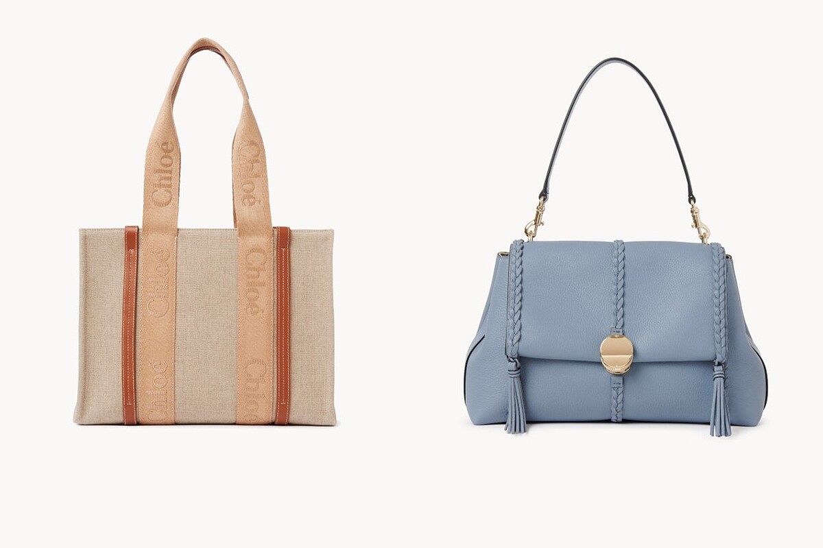 (左)台中大遠百Chlo&eacute; Woody粉橘中型托特包，價格店洽。(右) 台中大遠百Chlo&eacute; Penelope粉霧藍中型肩背手提包，價格店洽。