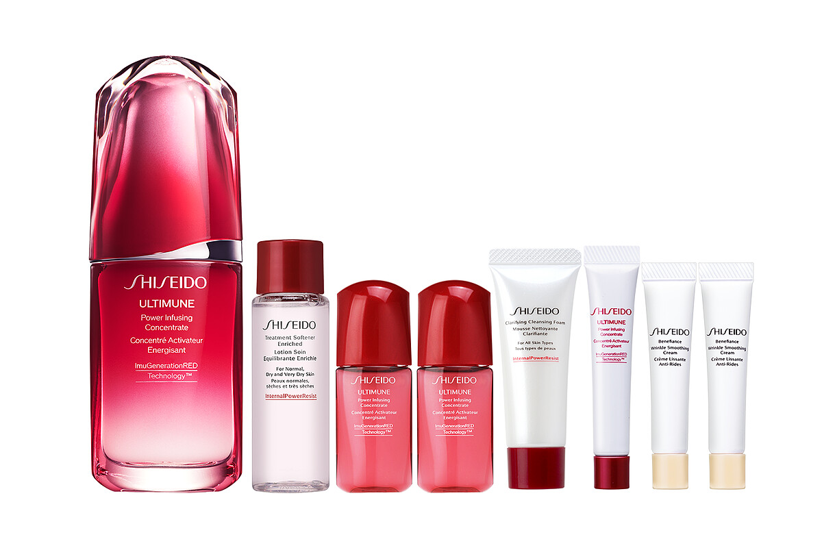 新竹大遠百資生堂國際櫃小紅超導電波組內含紅妍超導循環肌活露50ml+10mlX2+5ml+激彈密澎澎霜5mlX2+資生堂活妍淨泉露清爽30ml+資生堂保濕潔膚皂15ml價值7,210元、特價4,100元。