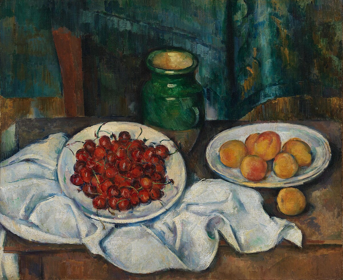 塞尚 (Paul C&eacute;zanne, 1839-1906)〈桃子與櫻桃的靜物畫〉，作於1885-1887年，油畫畫布，50 x 61 cm，Los Angeles County Museum of Art, Gift of Adele R. Levy Fund, Inc., and Mr. and Mrs. Armand S. Deutsch, photo &copy; Museum Associates/LACMA。