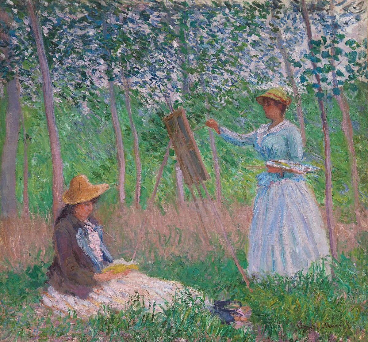 莫內 (Claude Monet, 1840-1926)，〈吉維尼的樹林中：畫架前的貝蘭榭．歐榭德與看書的蘇珊・歐榭德〉，作於1887年，油畫畫布，91 x 98 cm，Los Angeles County Museum of Art, Mr. and Mrs. George Gard De Sylva Collection, photo &copy; Museum Associates/LACMA。