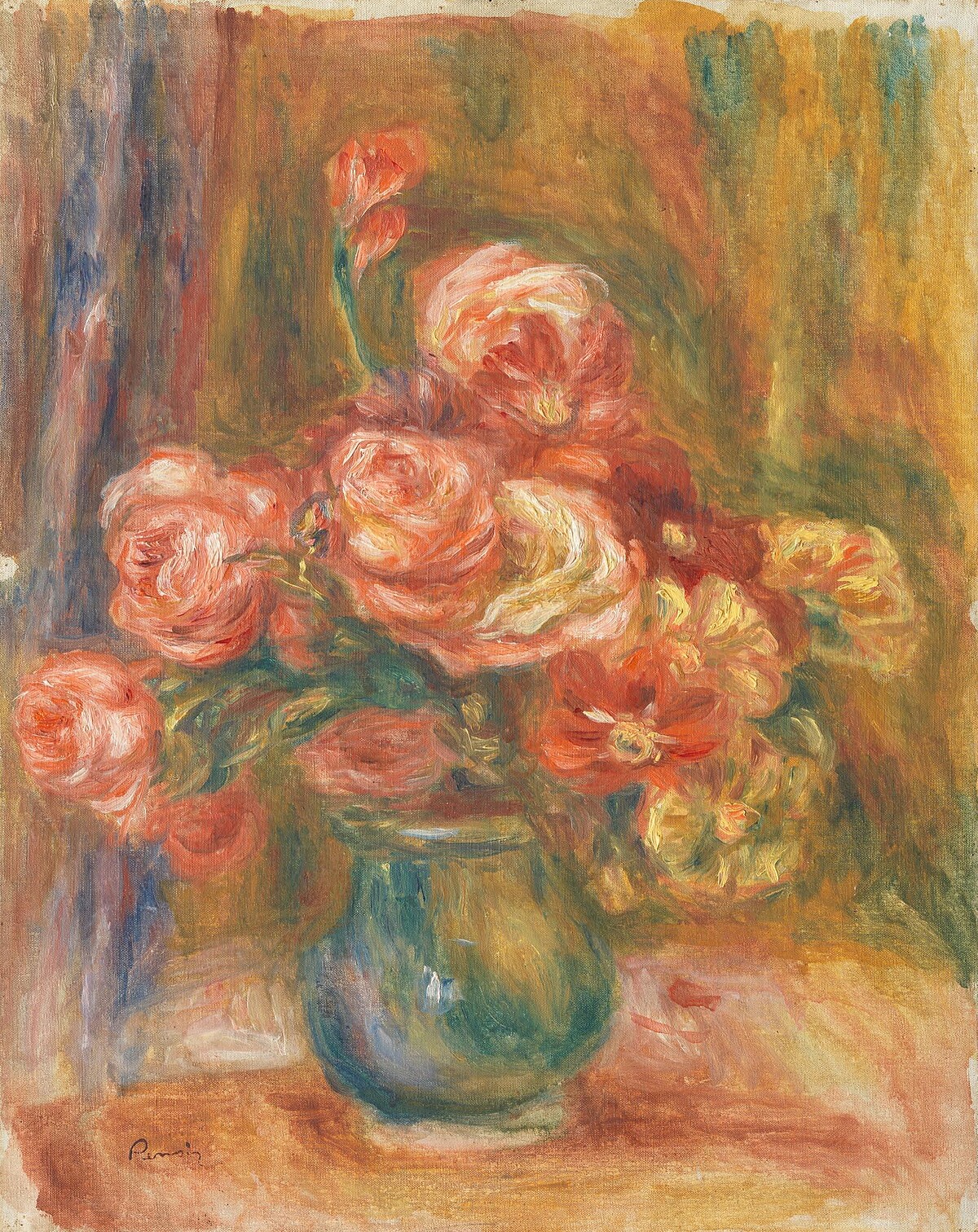 雷諾瓦 (Pierre-Auguste Renoir, 1841-1919)，〈裝著玫瑰的花瓶〉，約作於1890-1900年，油畫畫布，58 x 43 cm，Los Angeles County Museum of Art, Gift of Jean and Dido Renoir, photo &copy; Museum Associates/LACMA。 