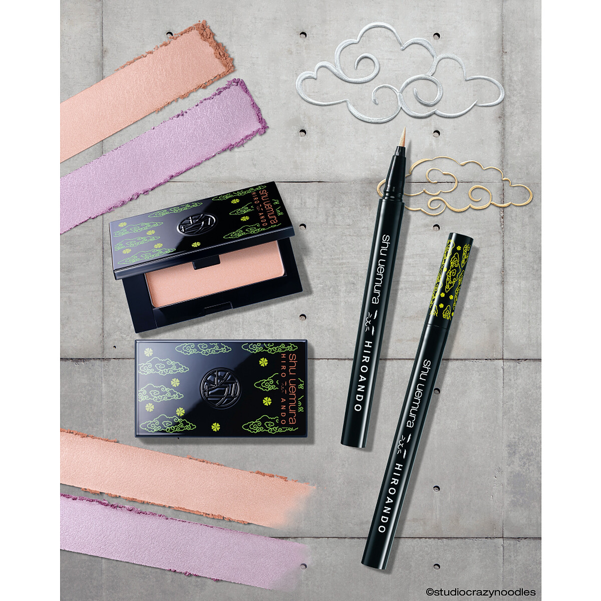 shu uemura植村秀X Hiro Ando時尚頰彩盤(共2色)，NT1,300。shu uemura植村秀X Hiro Ando時尚眼線液筆(共2色)，NT900