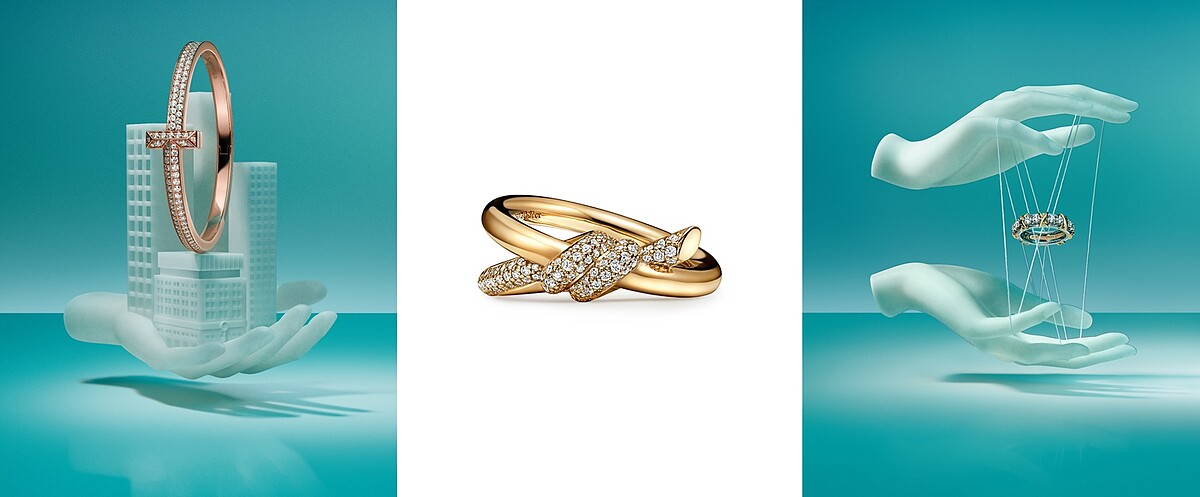 Tiffany T系列手環、Tiffany Knot 18K金寬版鑲鑽戒指、Sixteen Stone系列