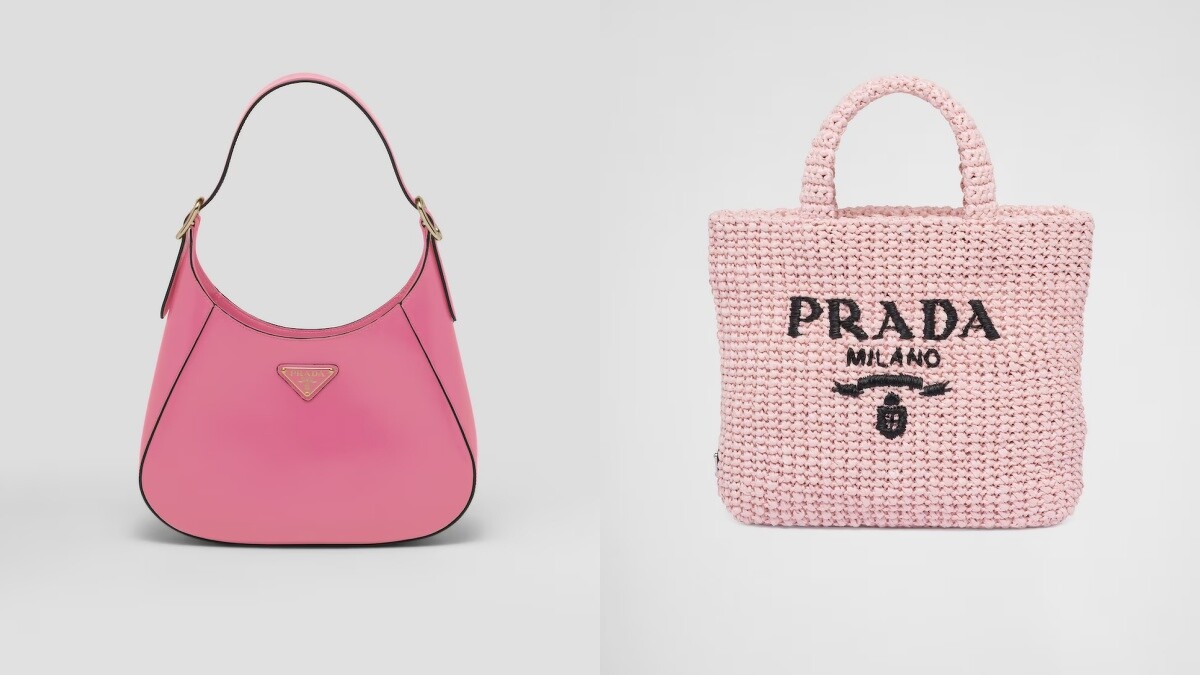 Prada 中號皮革肩背包 NT.100,000、Prada 小號拉菲草手提包 NT.58,000