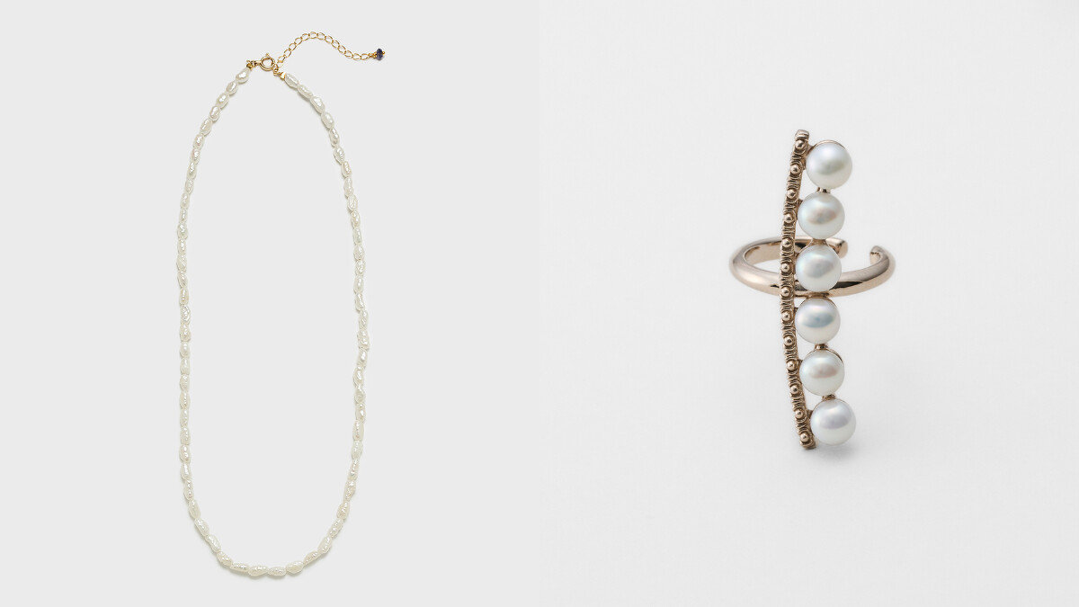 NOJESS 10K珍珠與堇青石項鍊,NT5,800、agete SV淡水珍珠耳骨夾,NT7,800。