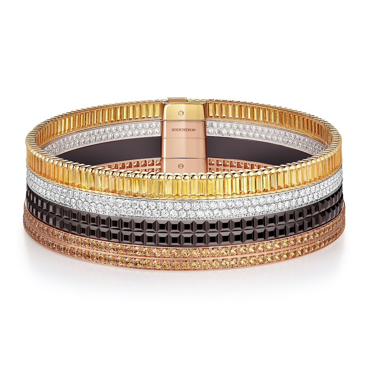 Quatre Classique系列頸鍊 黃金、玫瑰金和白金750材質、棕色 PVD ，鑲嵌黃色藍寶石、錳鋁榴石和鑽石