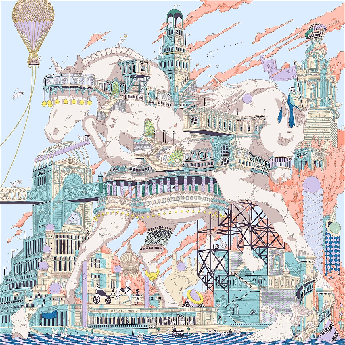 Ugo Gattoni 為愛馬仕繪製的「hippopolis」絲巾。