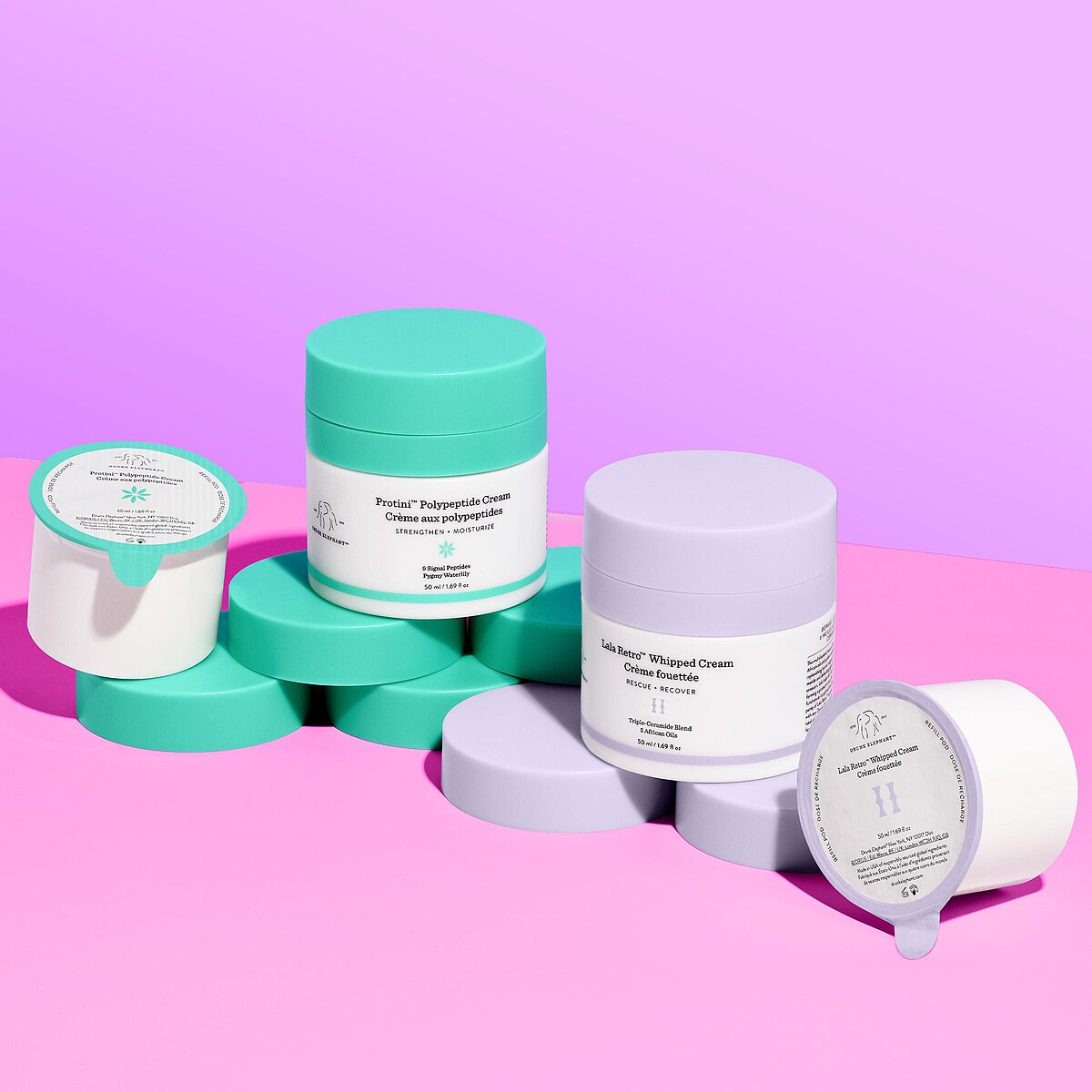 Drunk Elephant醉象多胜肽緊緻抗老霜補充瓶50ml，NT2,000、拉拉全效修護霜補充瓶50 ml，NT1,800