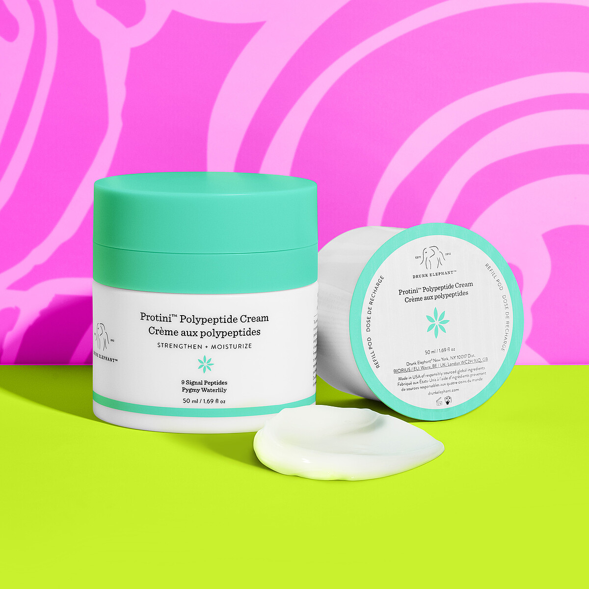 Drunk Elephant醉象多胜肽緊緻抗老霜與補充瓶。