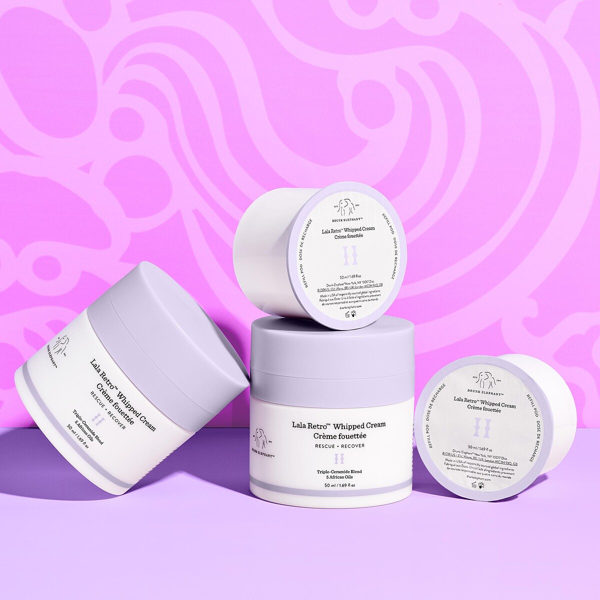 Drunk Elephant醉象拉拉全效修護霜與補充瓶。