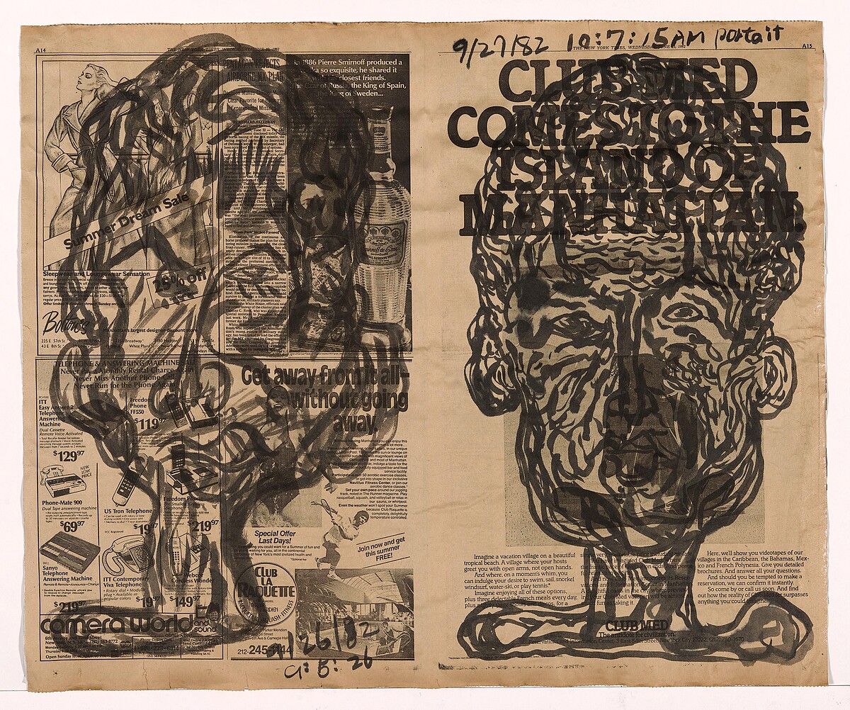 許雨仁，《自畫像》，1982，墨、報紙，59&times;72公分。藝術家自藏。圖片提供：臺北市立美術館。