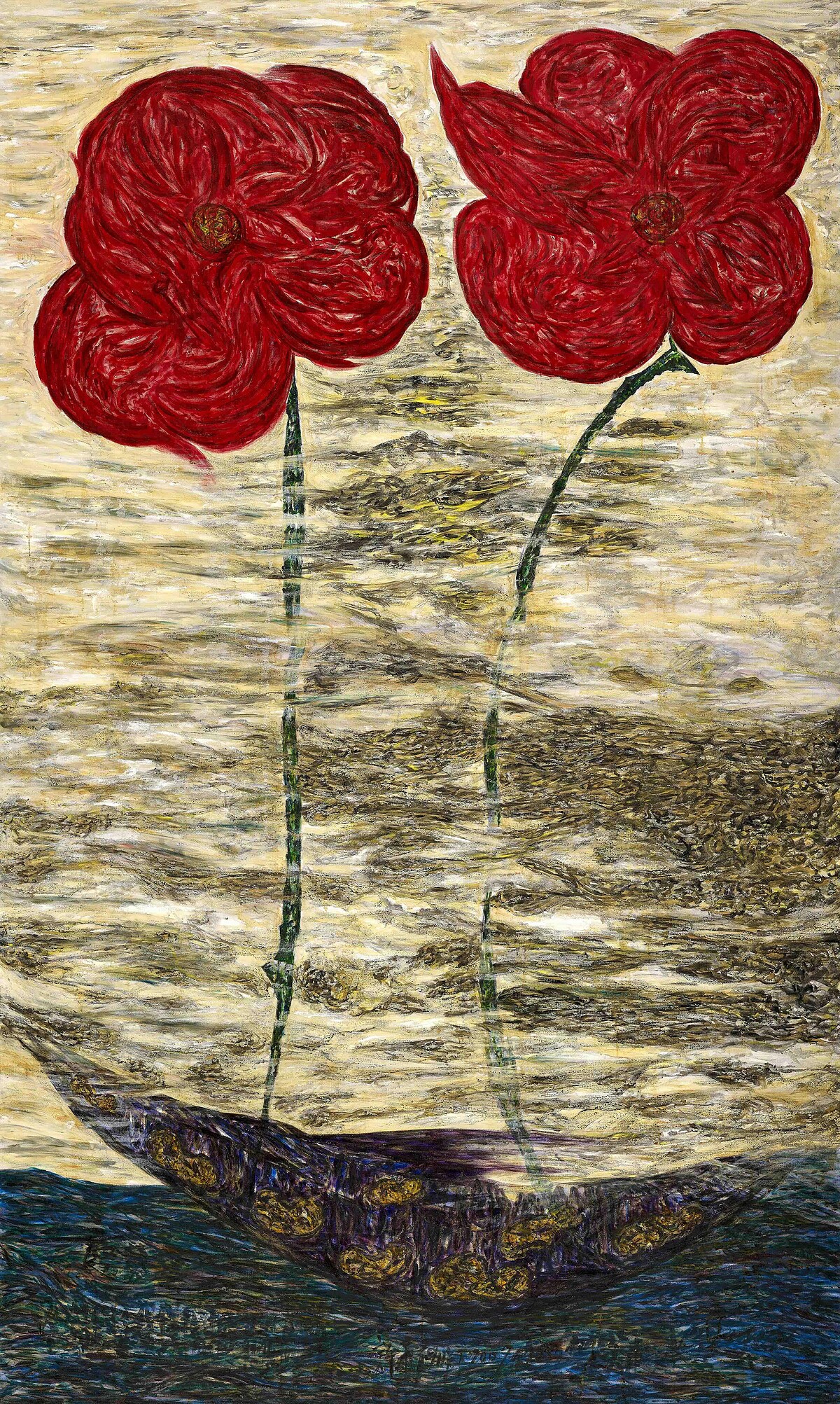 許雨仁，《花與船》，2007，油彩、畫布，300&times;180公分，私人收藏。圖片提供：臺北市立美術館。