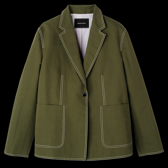 Longchamp 白邊縫線西裝外套 (軍綠色)，NT22,800。