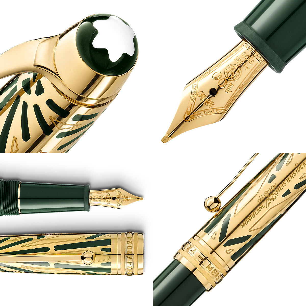 全新大師系列 The Origin Collection Doué Classique 為了完美呈現歷史檔案中的設計圖案，筆蓋採用鍍黃金材質飾以綠色亮漆，並以雷射雕刻了復古 Meisterst&uuml;ck 標誌，筆身採用珍貴樹脂，筆夾設計靈感同樣源自檔案室裡的記載，筆蓋環有百年印記，筆尖為18K純金製成，同時也有鐫刻百年印記特殊圖案。