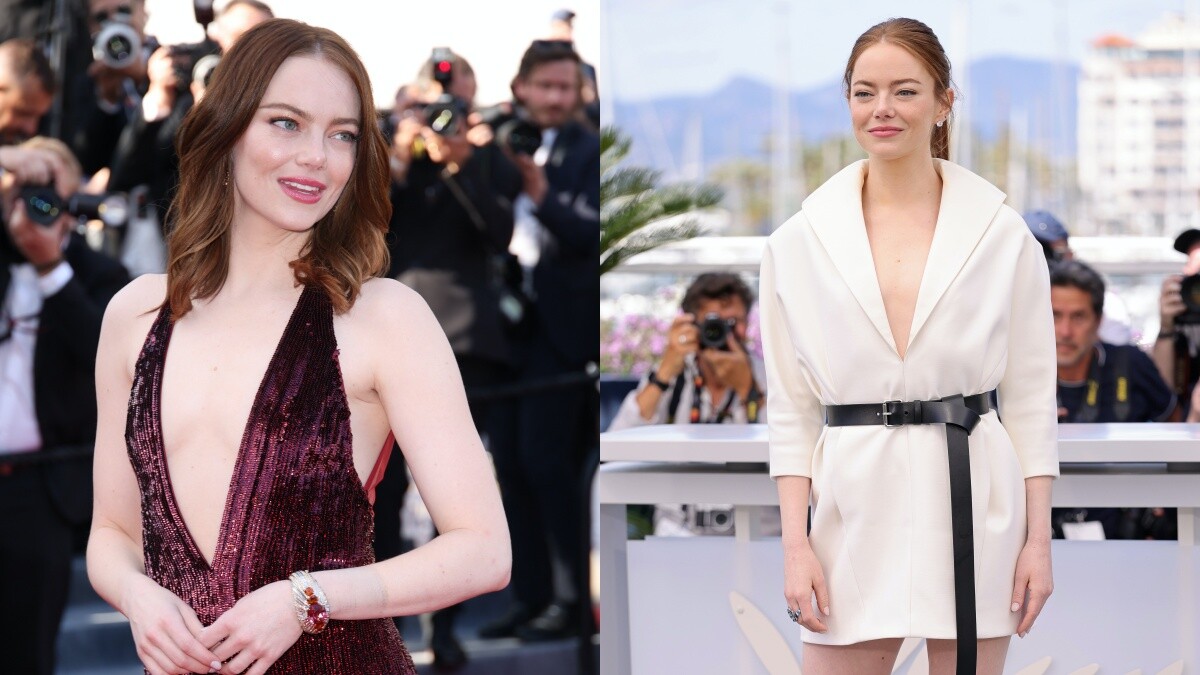 【2024坎城影展】艾瑪史東再登坎城！深V酒紅亮片禮服性感亮相，場邊熱舞太可愛了