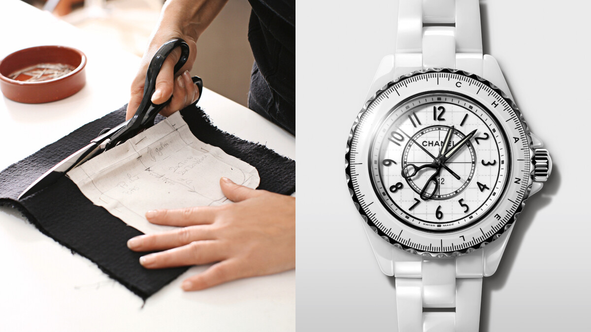 J12 Couture 33毫米腕錶（右），白色抗磨陶瓷及霧面黑色塗層精鋼錶殼，搭載高精度石英機芯。