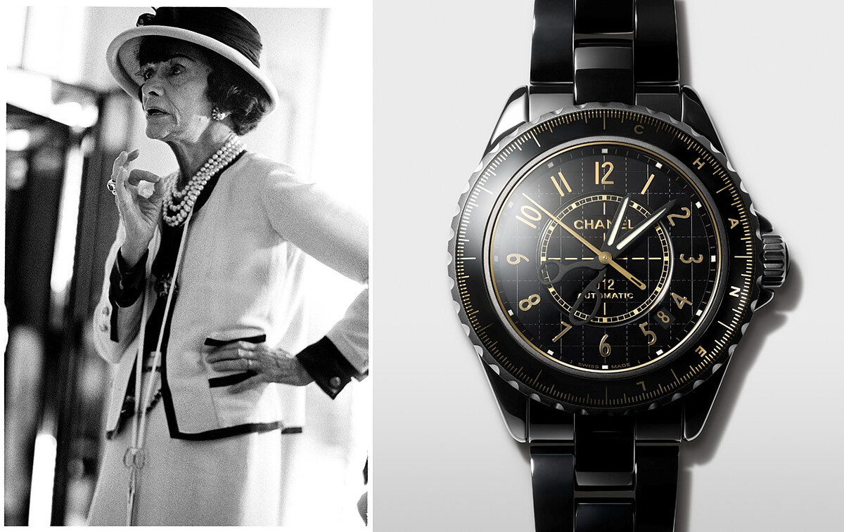 （左）工作中的香奈兒女士，脖子上掛著裁縫用剪刀。（右）J12 Couture 38毫米腕錶，黑色抗磨陶瓷及霧面黑色塗層精鋼錶殼，搭載Caliber 12.1自動上鍊機械機芯。