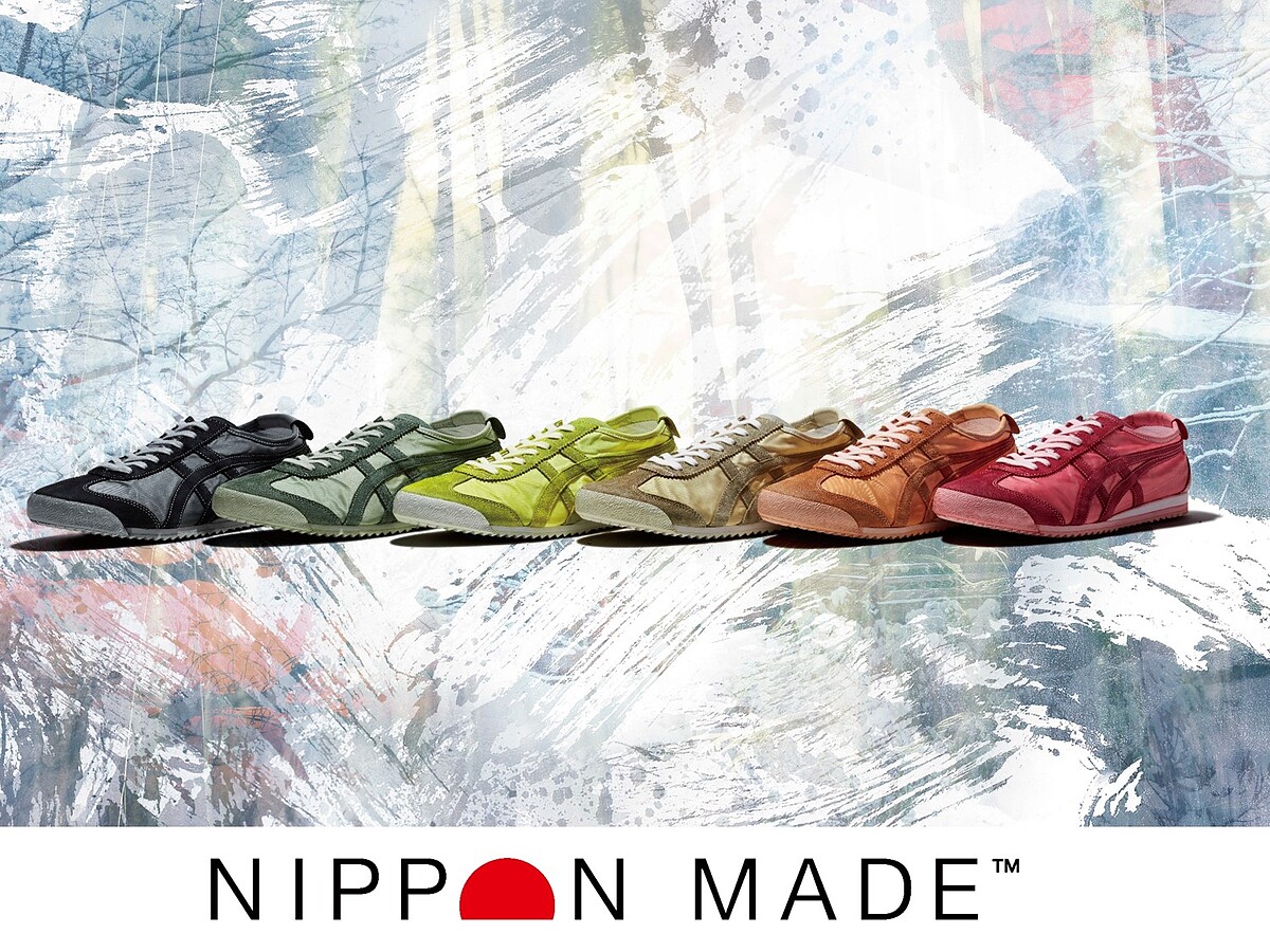 日本製MEXICO 66 NM鞋款(左至右：鐵灰色、藍綠色、黃綠色、淺棕色、橘色、殷紅色)，建議售價NT8,480。