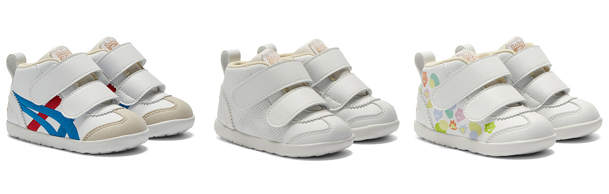 FIRST KIDS MEXICO 66 學步鞋(左至右：經典色刺繡、白色、彩色虎頭印花)，NT 3,380。