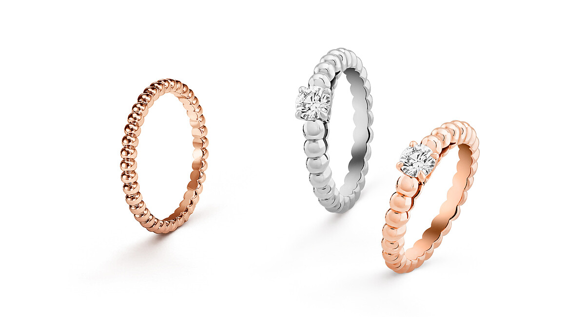 Perl&eacute;e pearls of gold戒指，中型款式(18K 玫瑰金)。Perl&eacute;e單顆鑽石戒指，0.30克拉DIF級鑽石(18K白金、鑽石)。Perl&eacute;e單顆鑽石戒指，0.30克拉DIF級鑽石(18K玫瑰金、鑽石)。