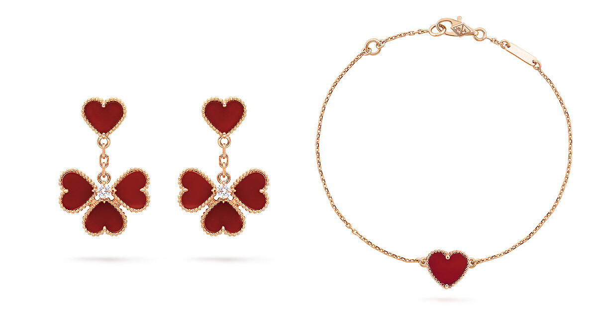 Sweet Hearts耳環(18K玫瑰金、紅玉髓、鑽石)。Sweet Hearts手鍊(18K玫瑰金、 紅玉髓)。