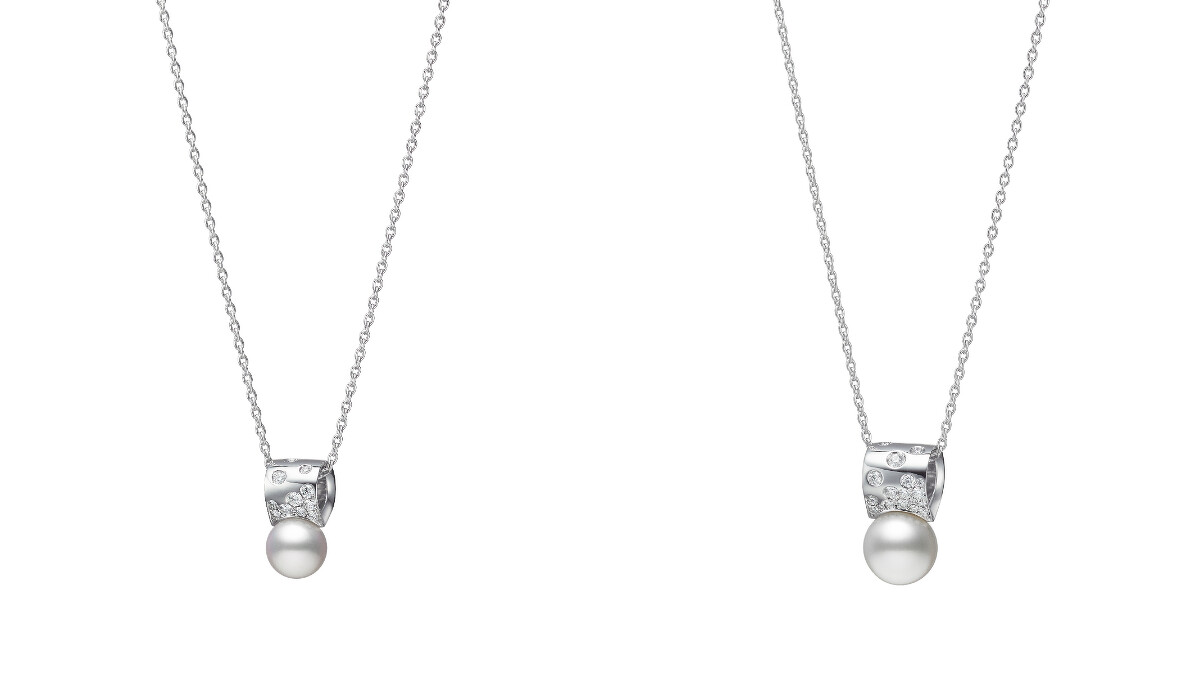 左：Universe Elements系列珍珠鑽石墜鍊，18K白金鑲嵌鑽石總重約0.18克拉，搭配日本Akoya珍珠(珍珠尺寸約8.75 mm)。右：Universe Elements系列南洋珍珠鑽石墜鍊，18K白金鑲嵌鑽石總重約0.25克拉，搭配日本Akoya珍珠(珍珠尺寸約10.50 mm)。