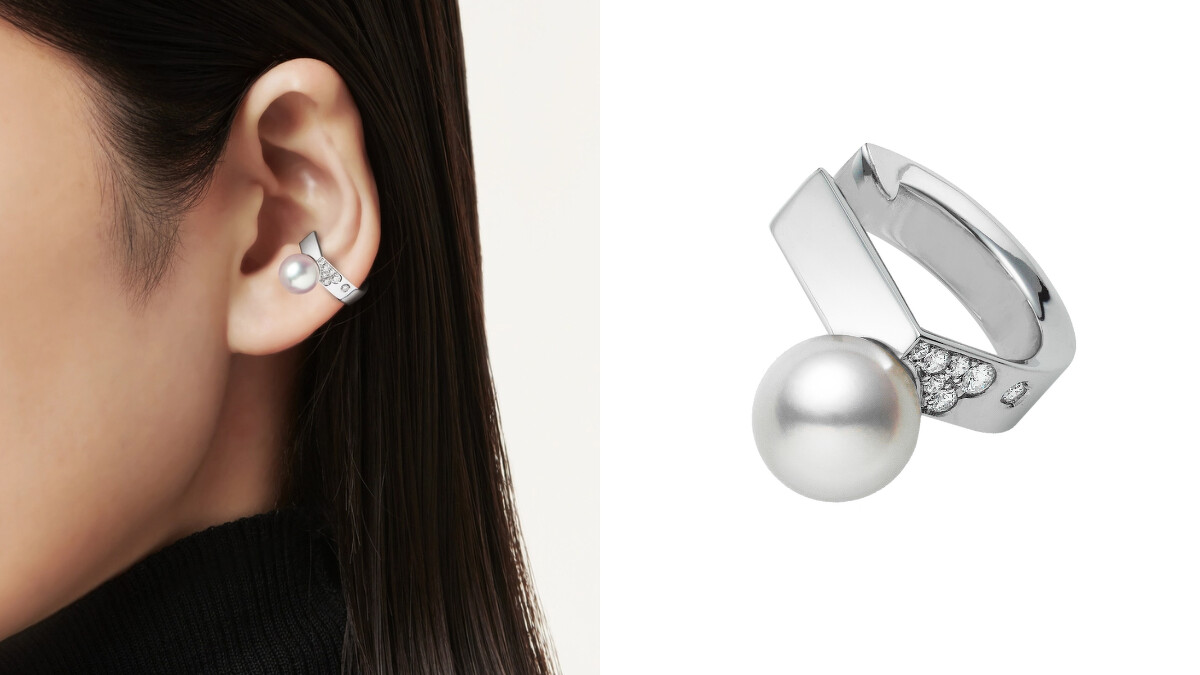 Universe Elements系列珍珠鑽石耳骨夾、18K白金鑲嵌鑽石，搭配日本Akoya珍珠(珍珠尺寸約7.75 mm)。