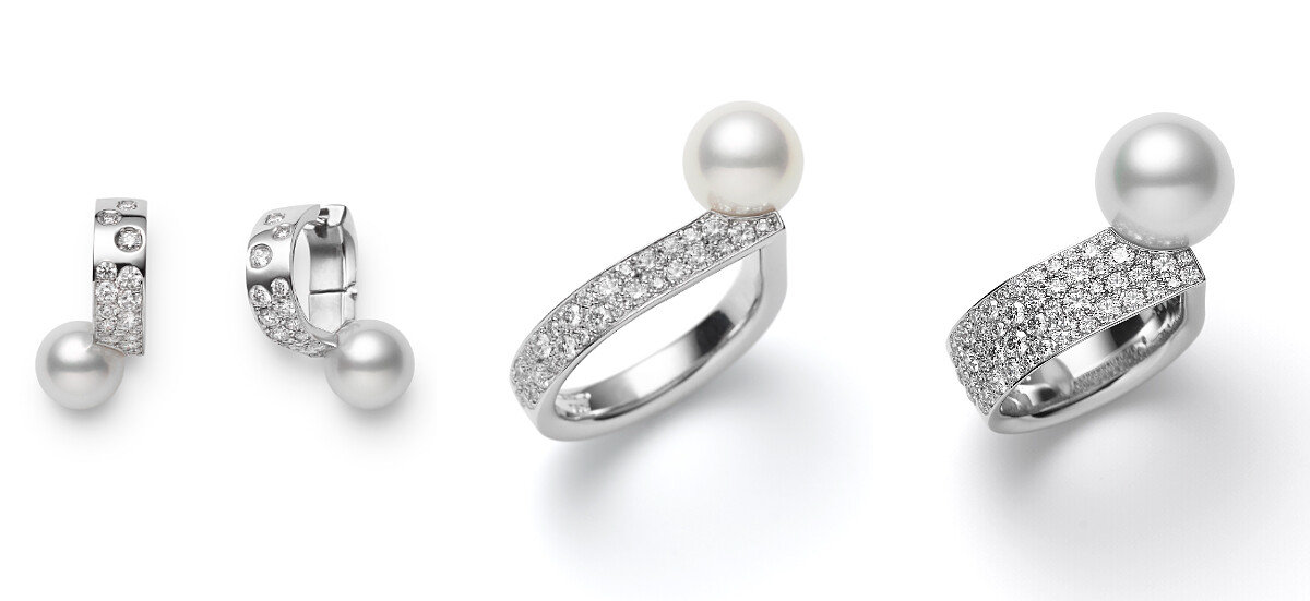左：Universe Elements系列珍珠鑽戒，18K白金鑲嵌鑽石，搭配日本Akoya珍珠(珍珠尺寸約 8.25mm)。中：Universe Elements系列珍珠鑽戒，18K白金鑲嵌鑽石，搭配日本Akoya珍珠(珍珠尺寸約 8.25mm)。18K白金鑲嵌鑽石，搭配南洋珍珠(珍珠尺寸約 11.00mm)。