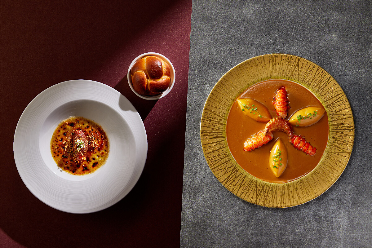 左為焦糖鴨肝布蕾，右為里昂魚丸佐南圖醬汁。