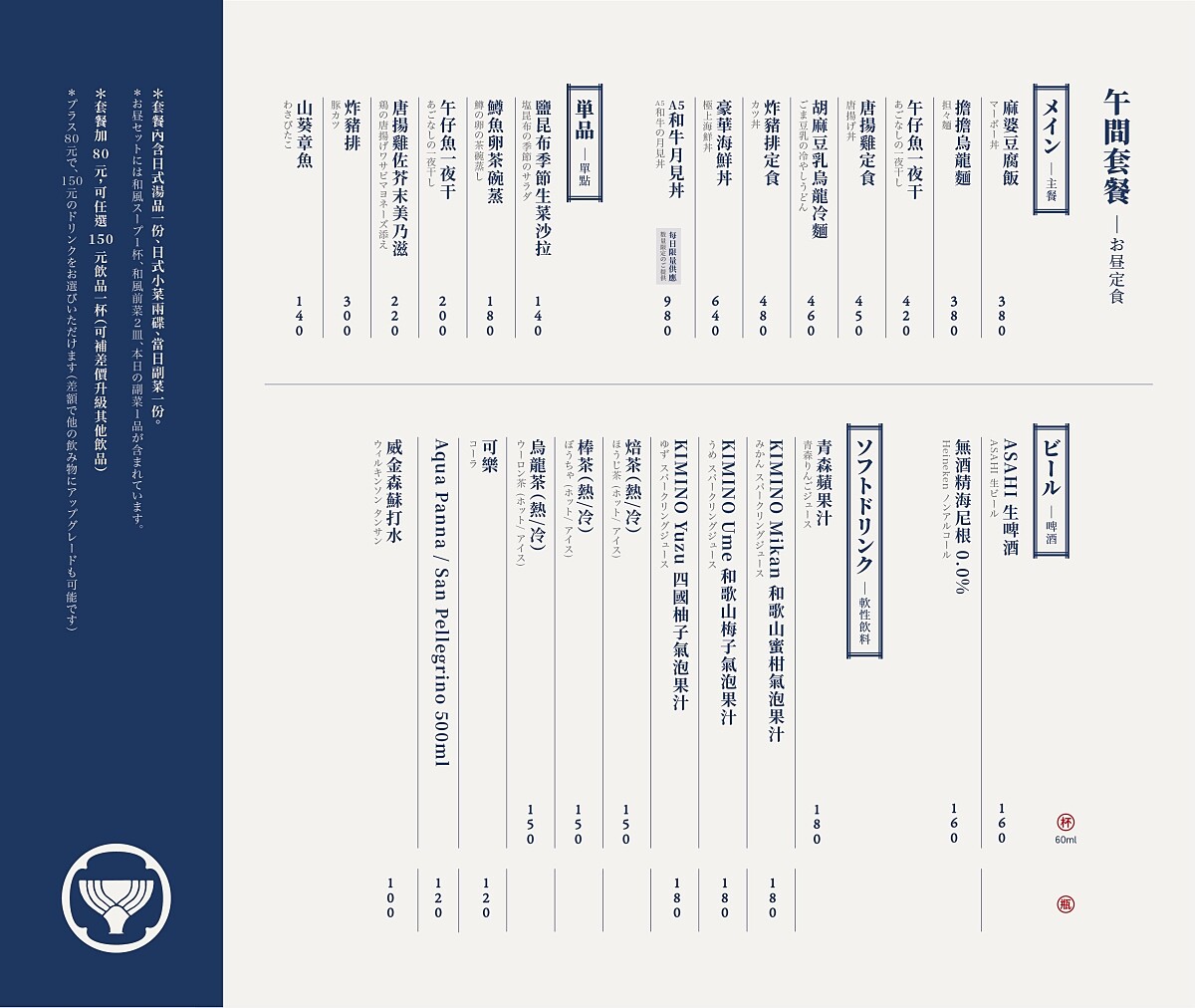 午餐定食菜單。