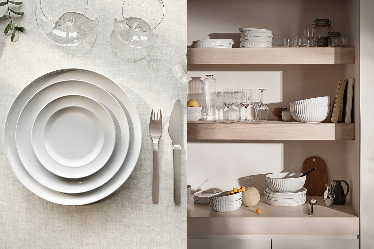 左為「Henning Koppel」系列白瓷餐具精品，右為品牌形象圖。