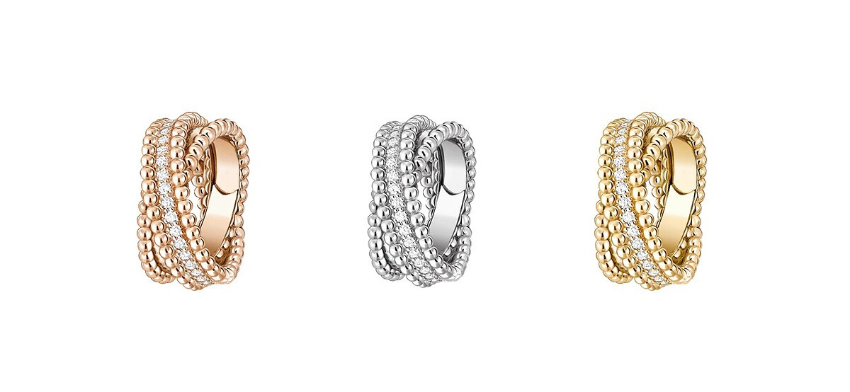 左至右:Perlée diamonds duo戒指,(玫瑰金、鑽石)、(白金、鑽石)、(黃K金、鑽石)。